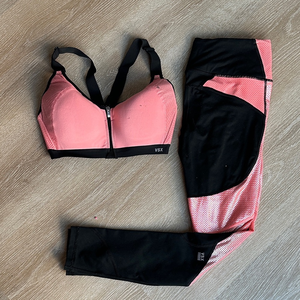 M/34D Victoria's Secret VSX Sport Pink Black Leggings & Zip Bra Set